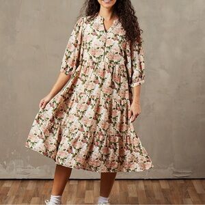 Floral Midi Dress with Pink and Green Accents